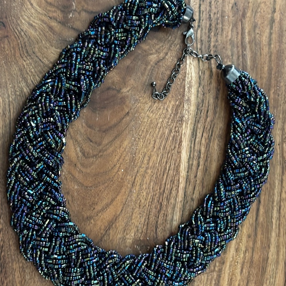 Vintage Beaded Twisted Statement Necklace - Iridescent Blue-Green Peacock
